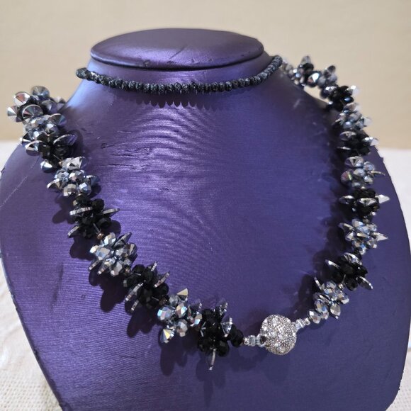 Vintage Black Silver Crystal Bead 3 Piece Convertible Statement Runway Necklace - Picture 5 of 17